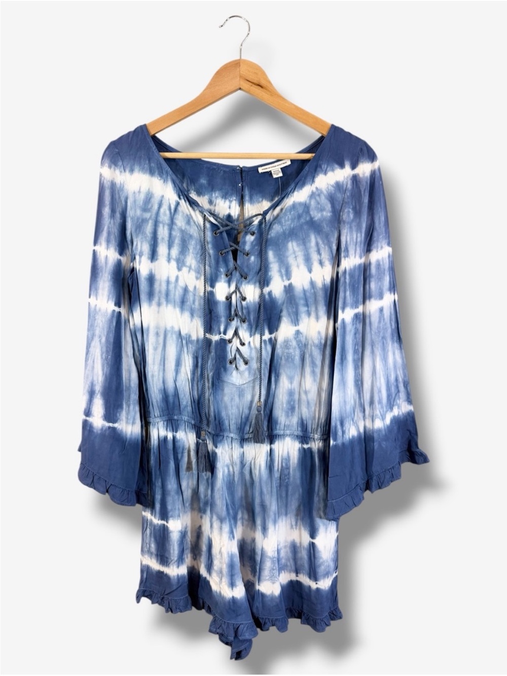 American Eagle Blue Tie Dye Romper Size M Long Bell Sleeve Ruffle Boho Festival